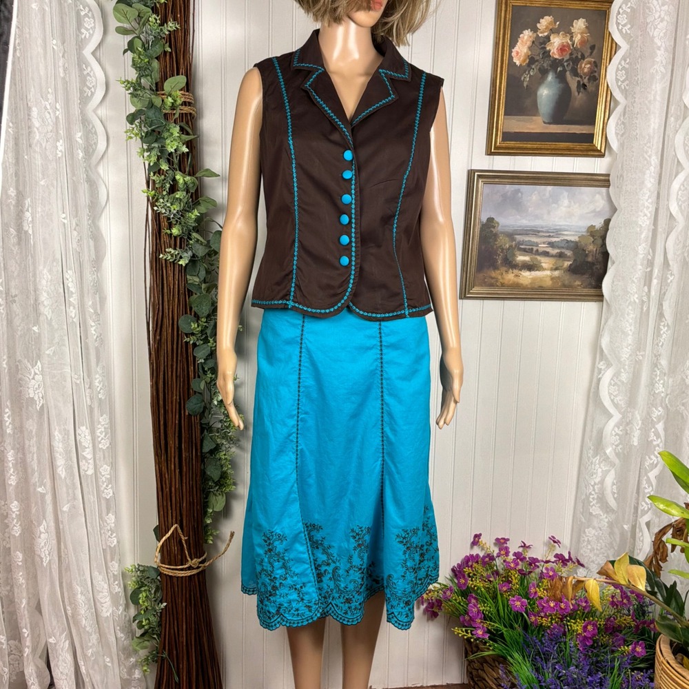 Robbie Bee Skirt Set Womens 10 Brown Blue Excellent Embroidered 2 Piece